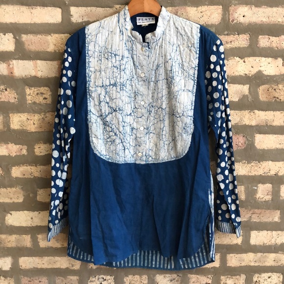 Flats by Jan Niemi Linen Striped Spotted 3/4 Length Blue and White Tunic - Picture 1 of 3